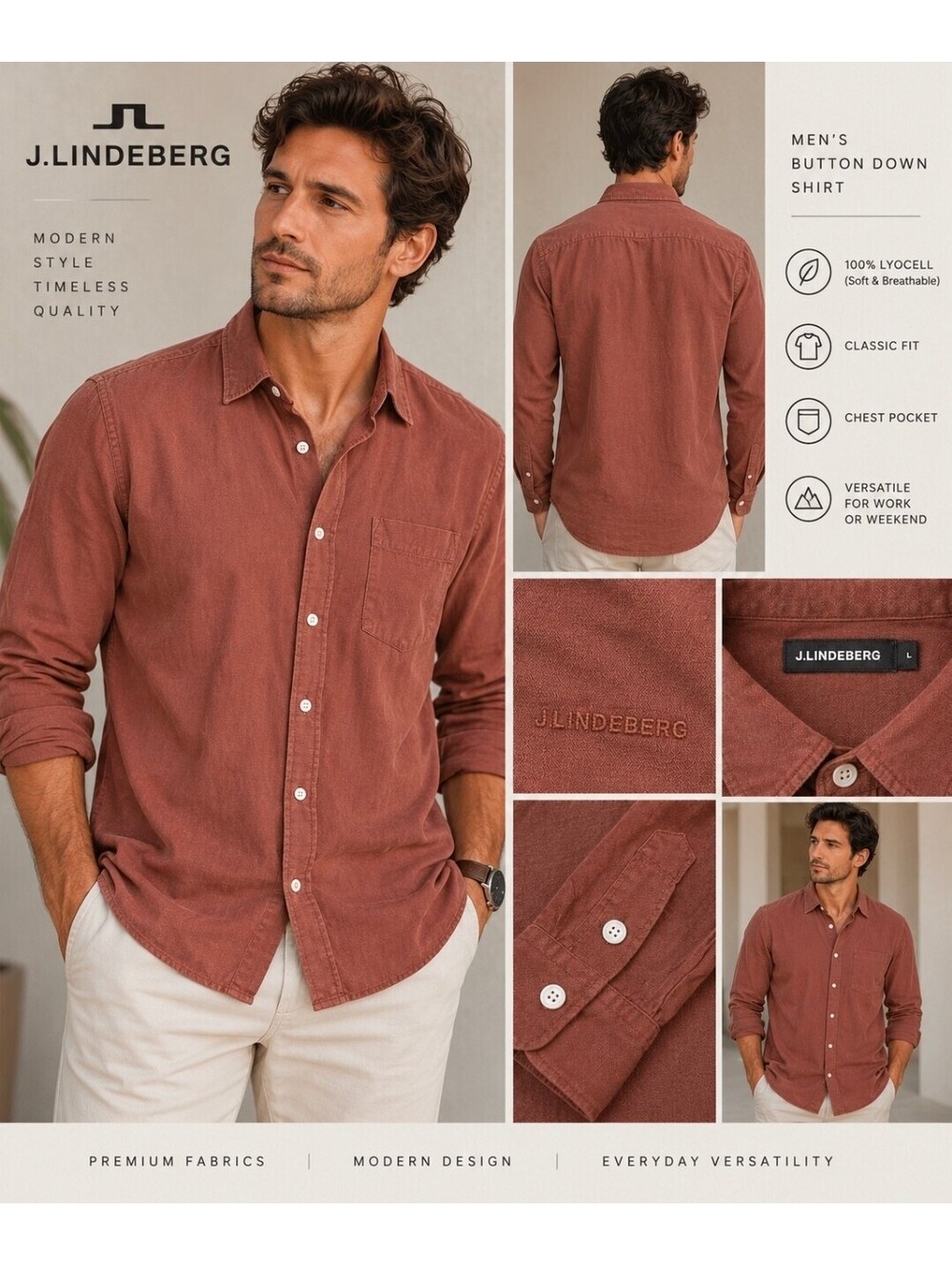 J.Lindeberg Men's Large 100% Lyocell Button Down Shirt Rust Long Sleeve